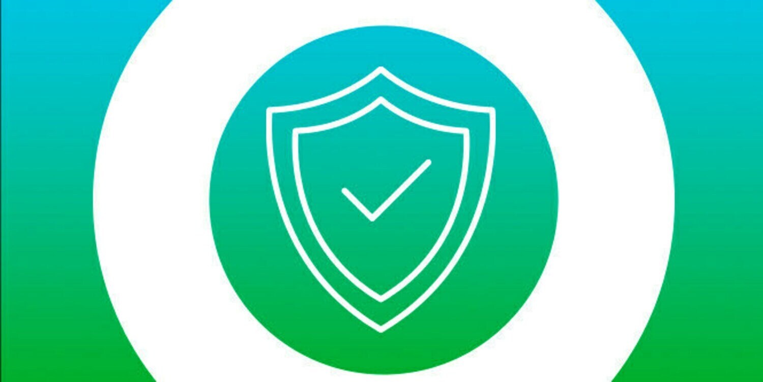 white icon of shield with check mark in the middle on blue green background
