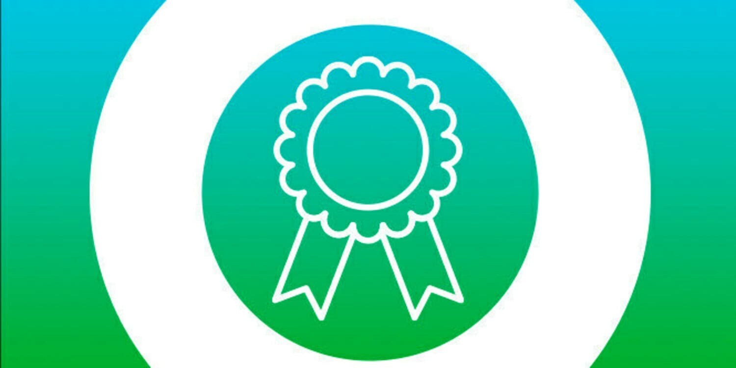 white icon of award ribbon on blue green background
