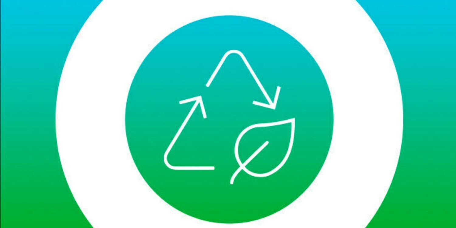 white icon of triangle made of arrows with a leaf on blue green background
