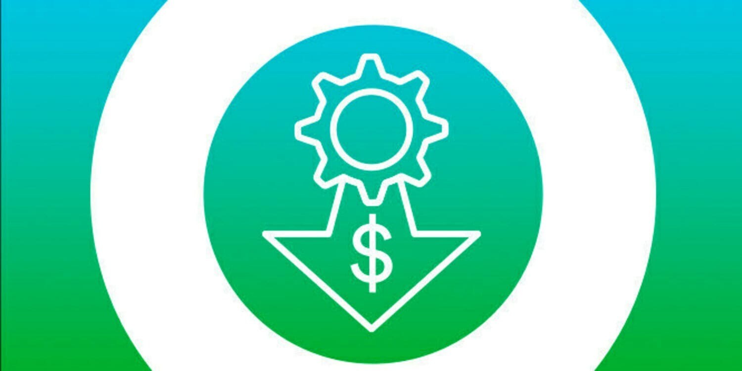 white icon of cog with arrow with dollar sign in it pointing down on blue green background
